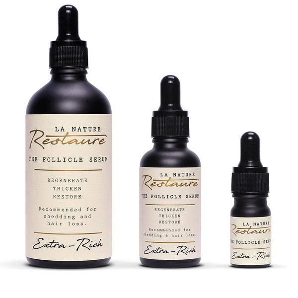 comparing the 100ml, 30ml, and 5ml bottle of La Nature Restaure’s Follicle Serum Extra Rich Formula